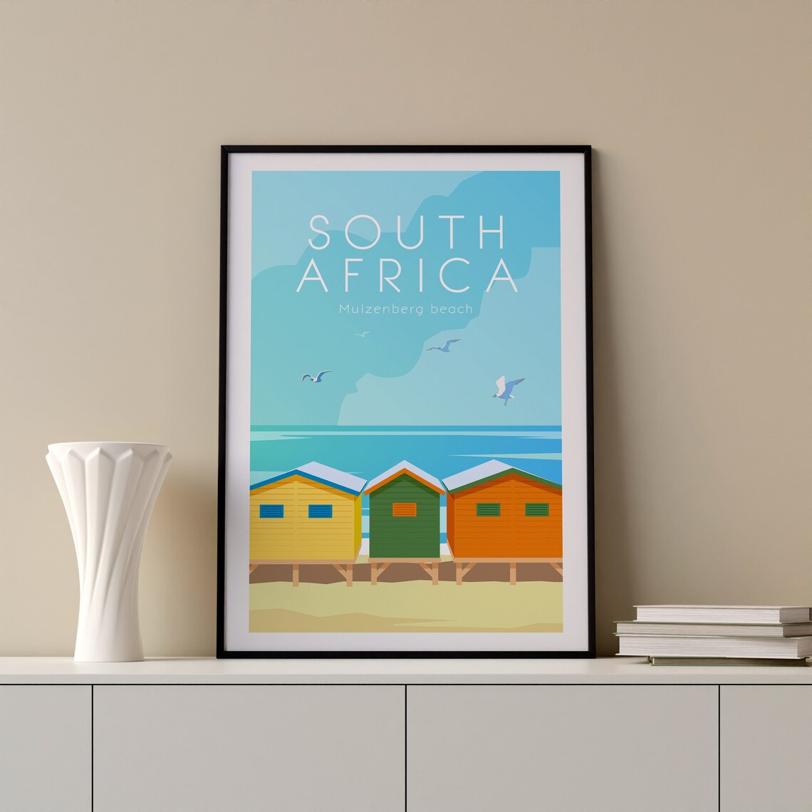 South Africa Muizenberg Beach Colorful Huts Seaside Travel Poster - Image 2