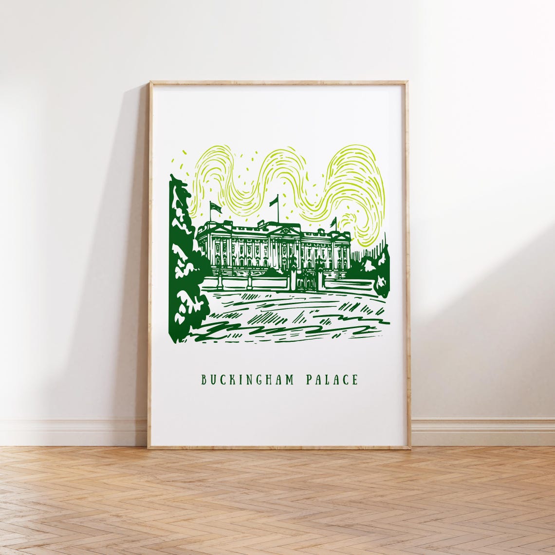 Buckingham Palace London England Hand Drawn Green Art Poster