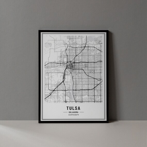Tulsa Oklahoma Modern Black and White Minimalist City Map Poster