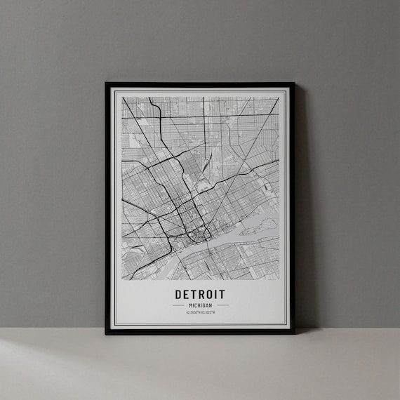 Detroit Michigan Minimalist Black White City Street Map Poster