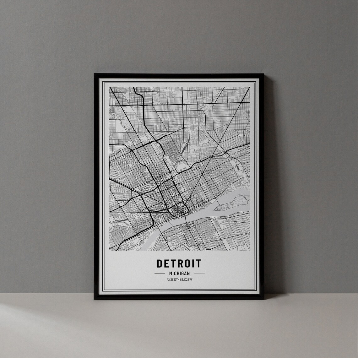 Detroit Michigan Minimalist Black White City Street Map Poster