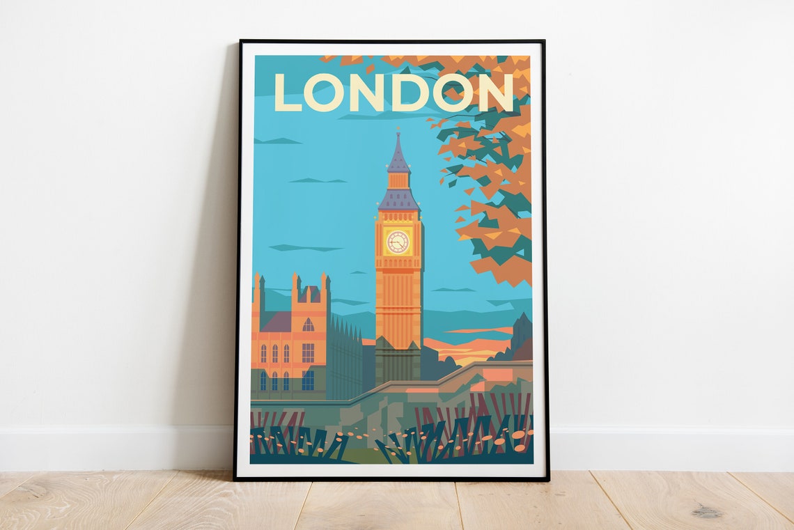 London Big Ben Westminster Autumn Leaves Clock Tower Travel Poster