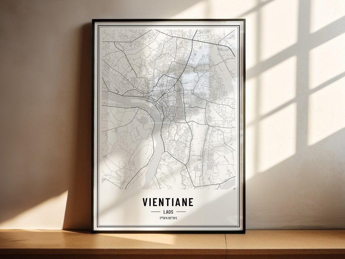 Vientiane Laos Minimalist Black White City Map Coordinates Art Print - Image 3