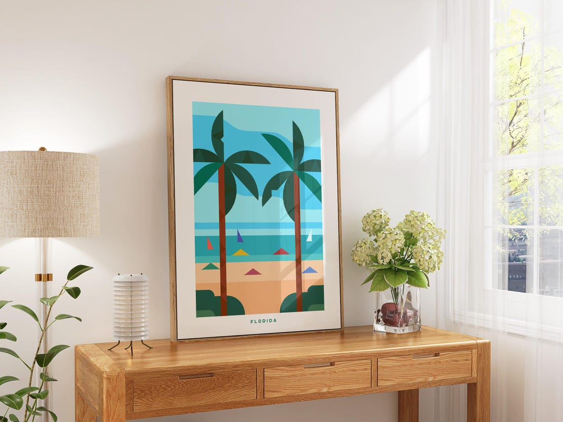 Florida Beach Geometric Art Print Palm Trees Sailboats Retro Style - Image 5