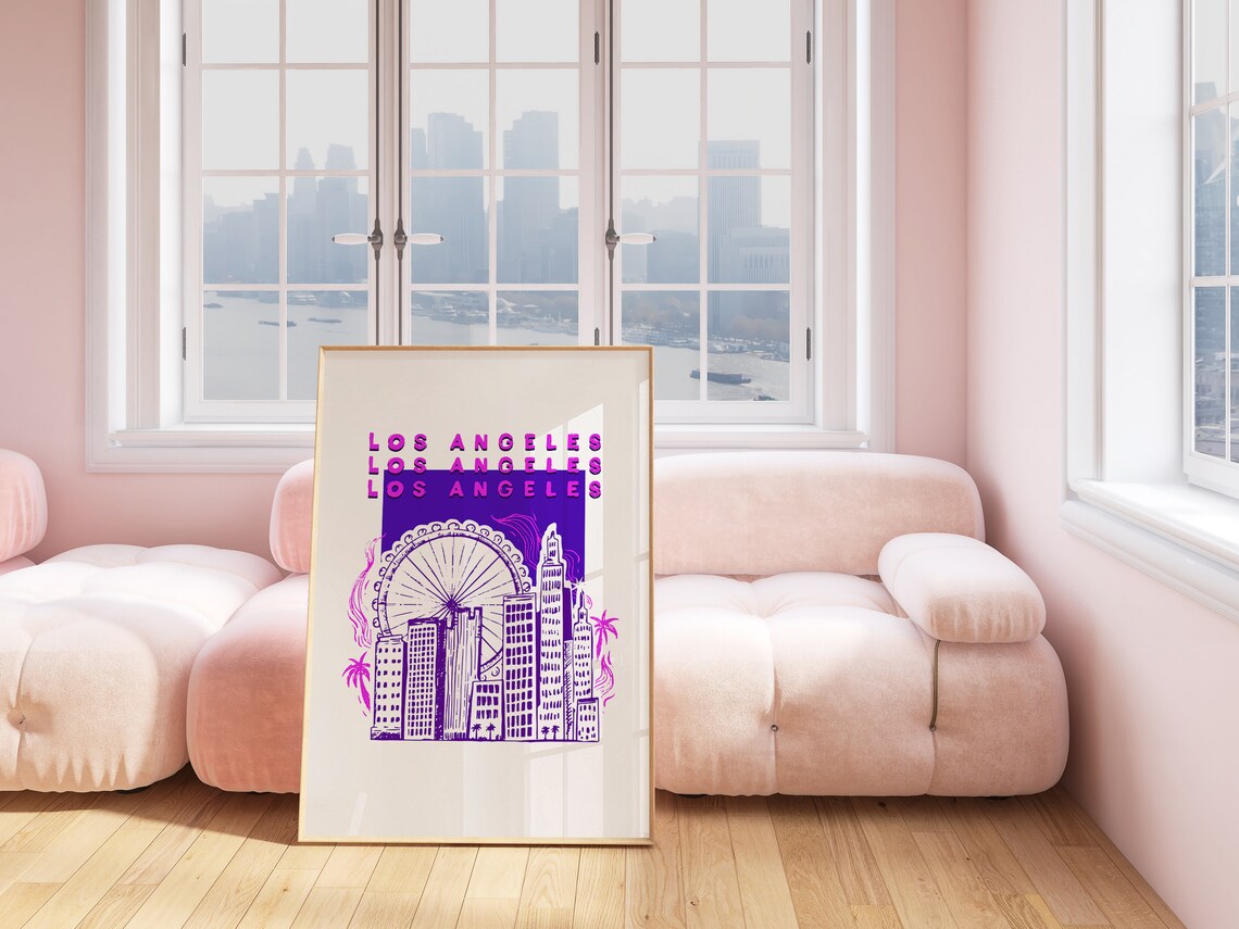 Los Angeles Pop Art Poster Pink Purple Skyline Ferris Wheel Design - Image 4