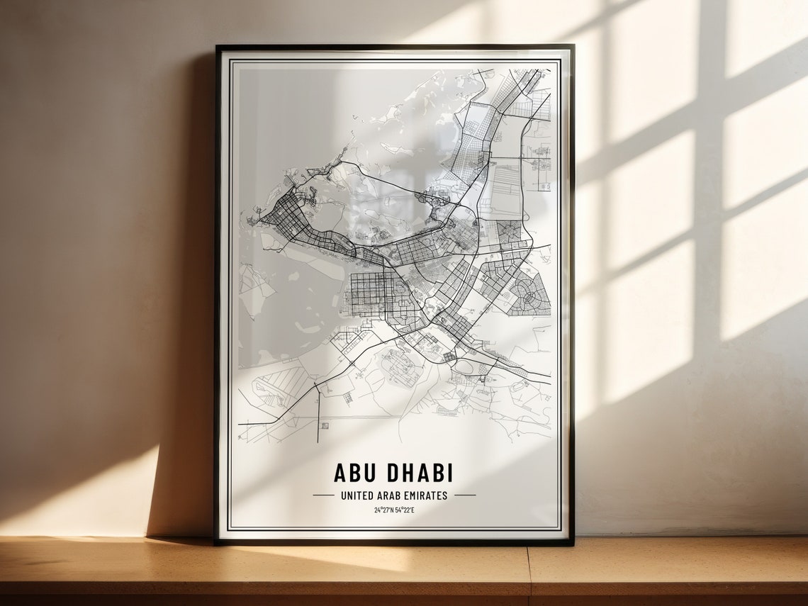 Abu Dhabi UAE Minimalist Black White City Street Map Art Poster - Image 2