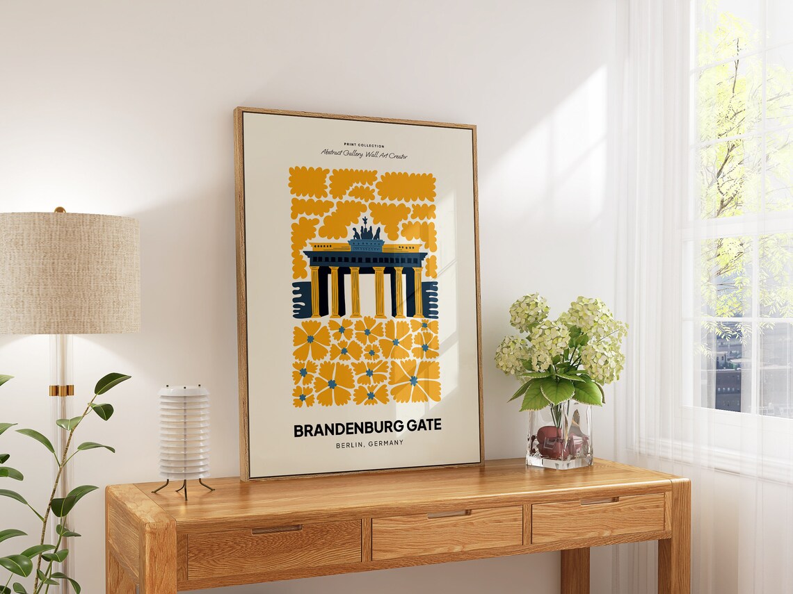 Brandenburg Gate Berlin Germany Mustard Yellow Floral Art Poster - Image 5