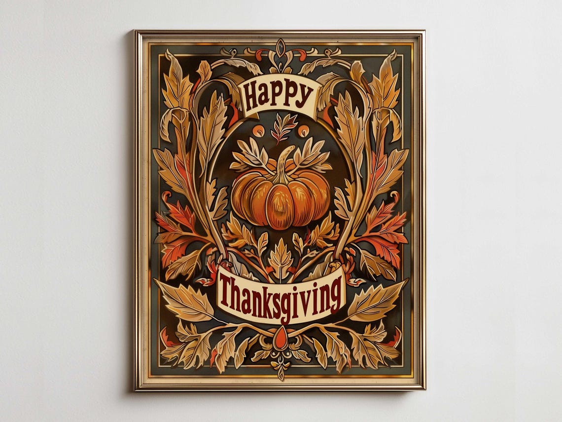 Happy Thanksgiving Pumpkin Autumn Leaves Vintage Holiday Poster