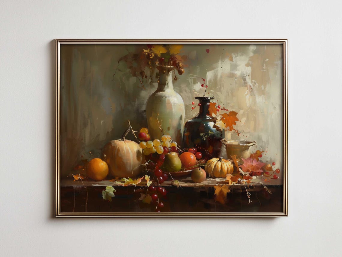 Autumn Still Life Pumpkins Fruit Vintage Harvest Painting Poster