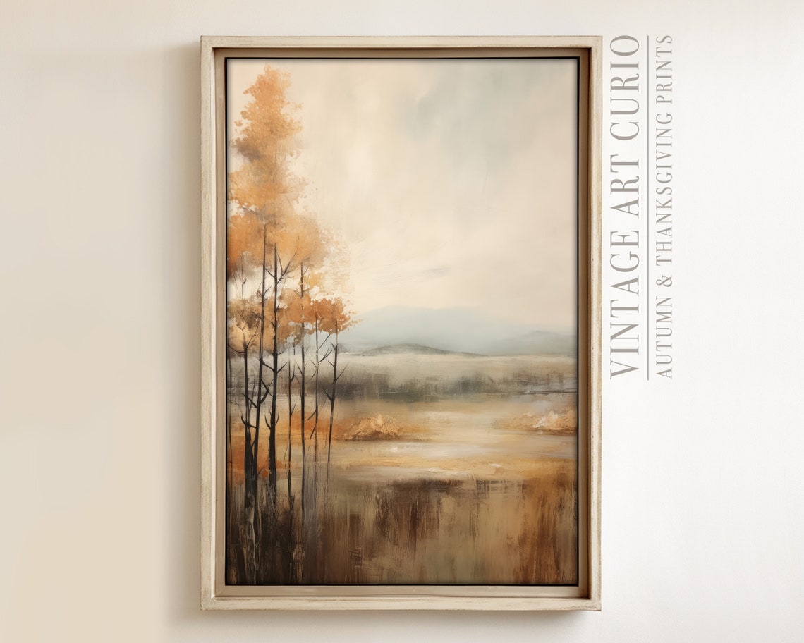 Warm Autumn Landscape Misty Fields Golden Trees Vintage Style Poster