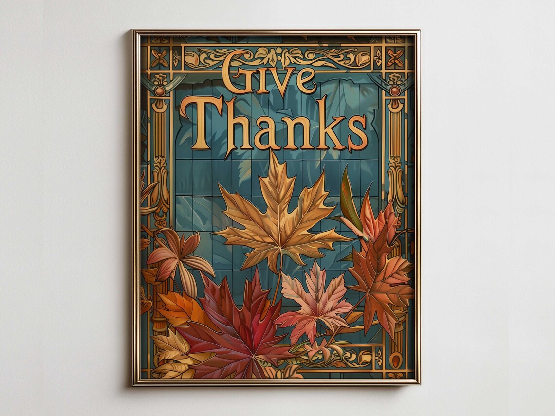 Give Thanks Autumn Maple Leaf Vintage Art Nouveau Style Poster