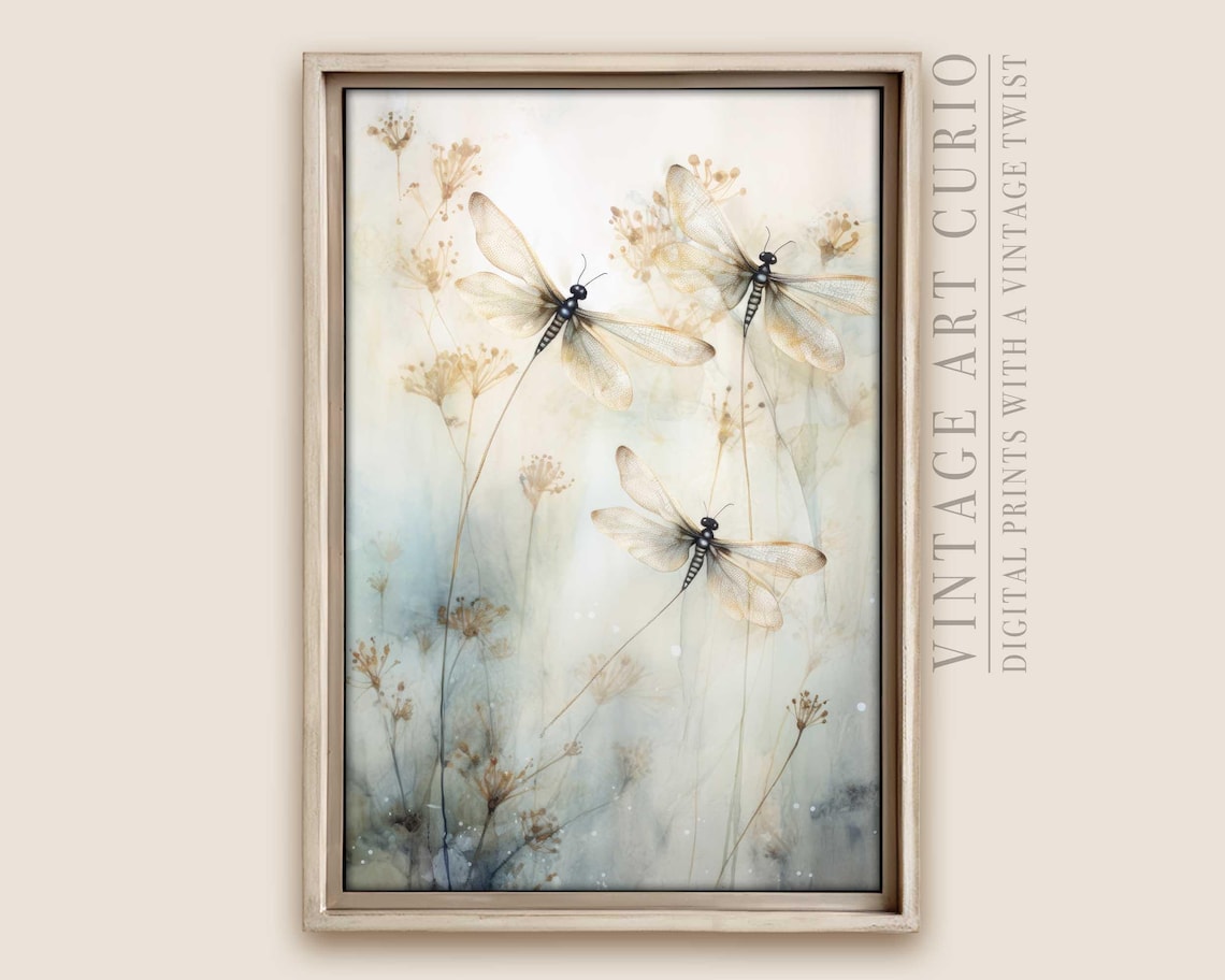 Dragonfly Art Print Beige Botanical Illustration