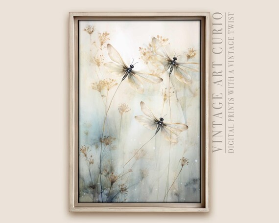 Dragonfly Art Print Beige Botanical Illustration