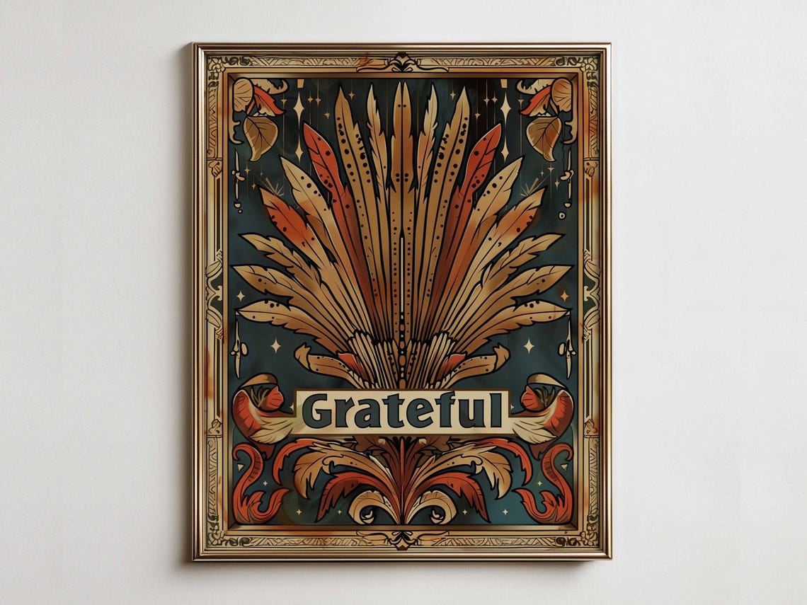 Grateful Vintage Wheat Feather Art Nouveau Thanksgiving Quote Poster