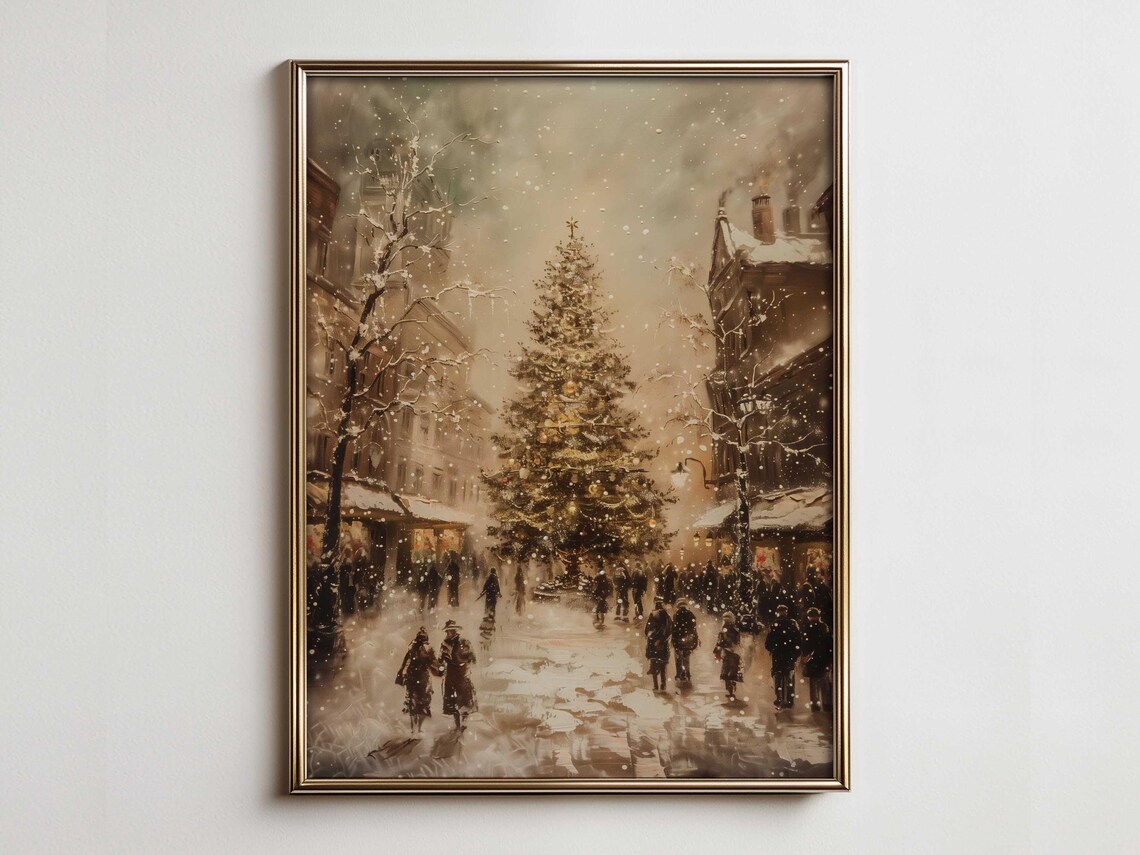 Vintage Christmas Landscape Art Print, European Farmhouse