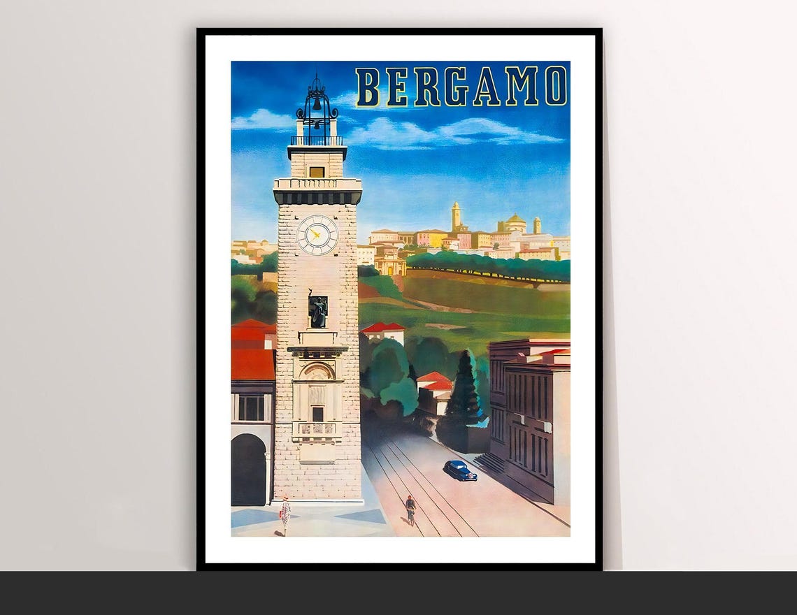 Bergamo Italy Campanone Tower Old Town Vintage Travel Poster Art