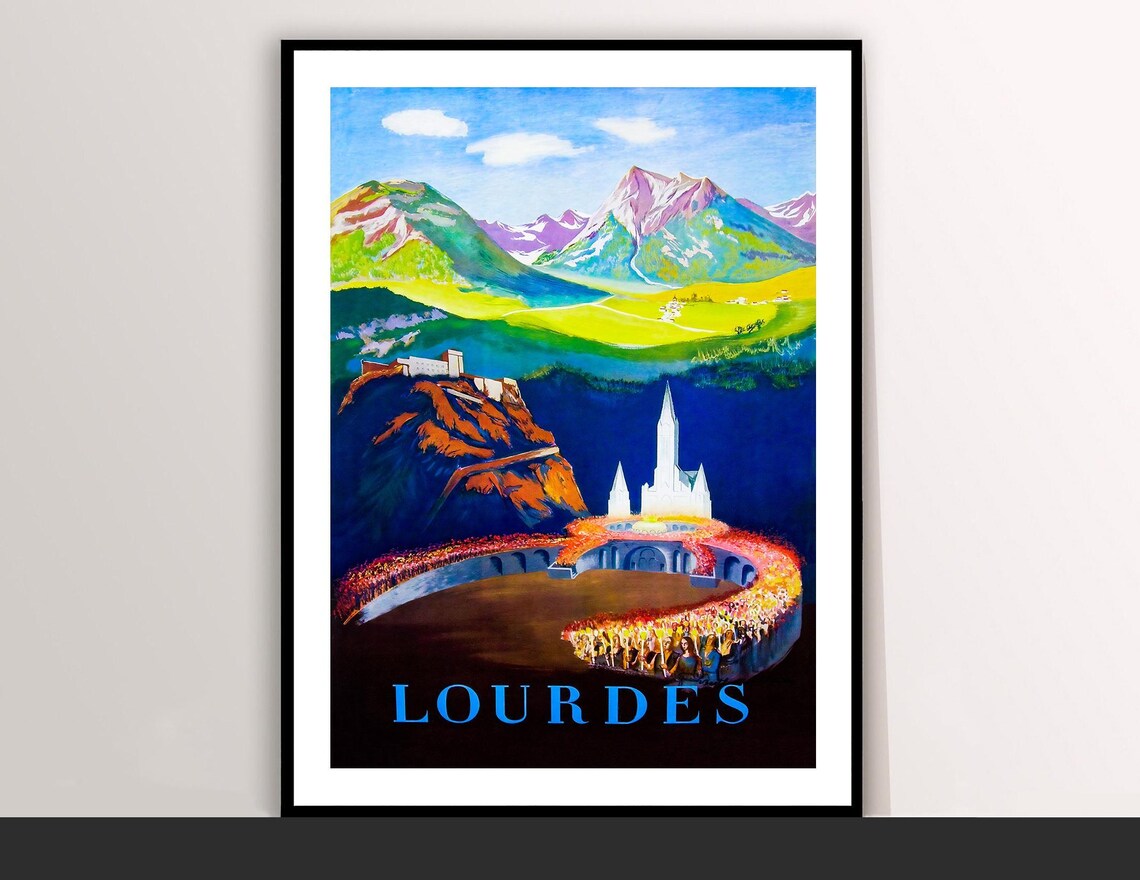 Lourdes France Sanctuary Candlelit Procession Vintage Travel Poster