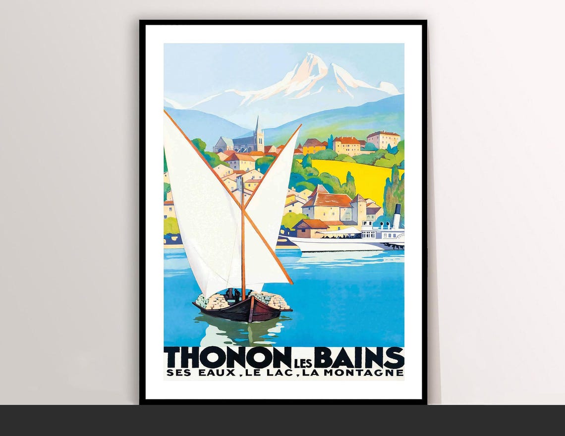 Charming Thonon Les Bains Vintage Sailboat Lake Travel Poster