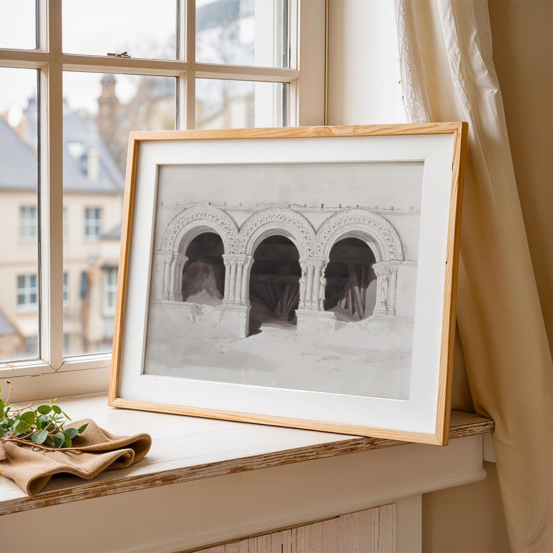 Triple Stone Arch Cloister Sketch Warm Neutral Gallery Art Poster