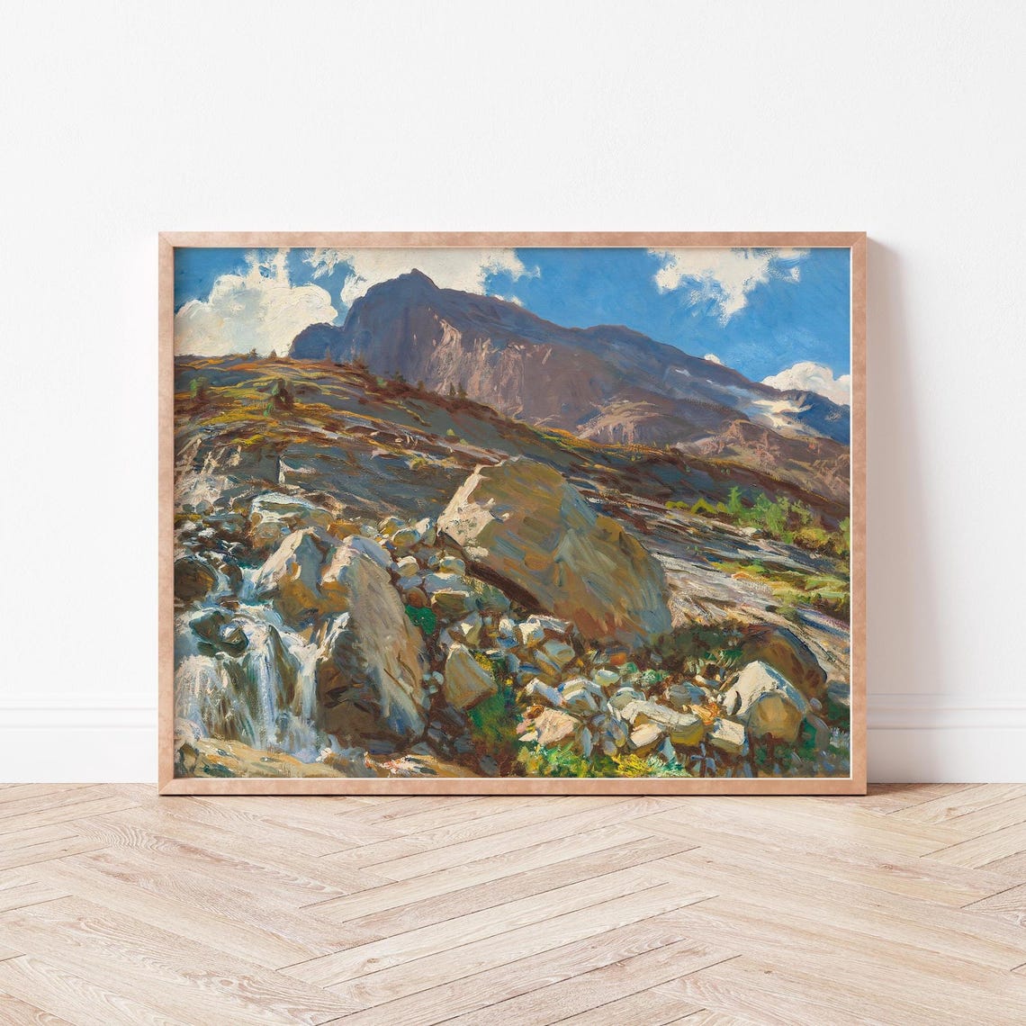 Rocky Alpine Mountain Slope with Waterfall Vintage Oil Painting Poster