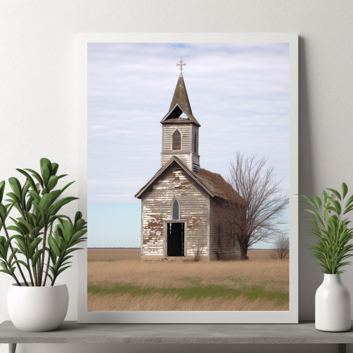 Rustic Farmhouse Church House, White Washed Art Print - Image 4