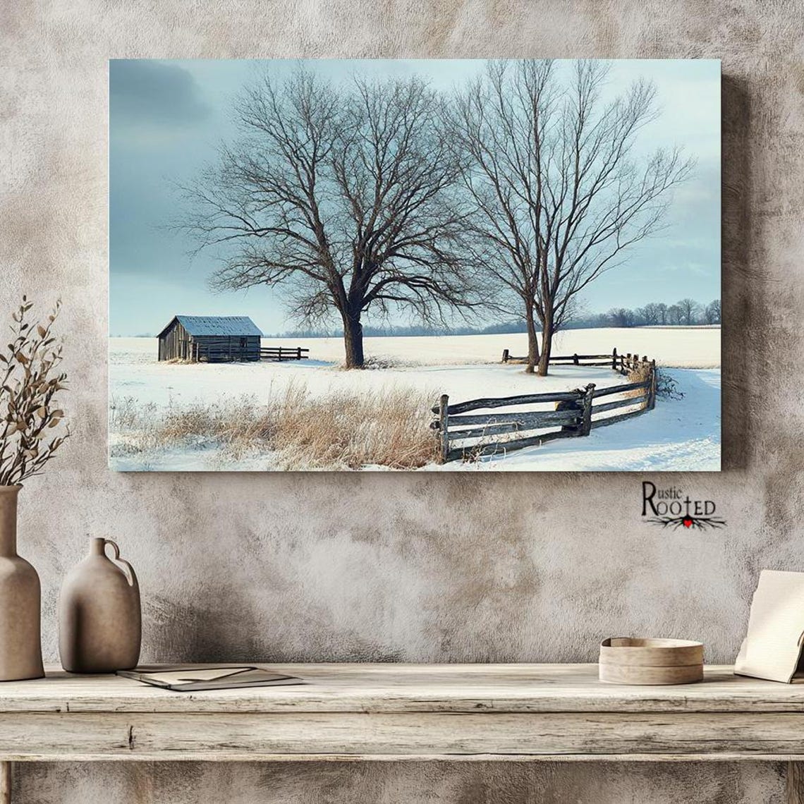 Snowy Winter Landscape with Small Barn and Bare Trees Poster