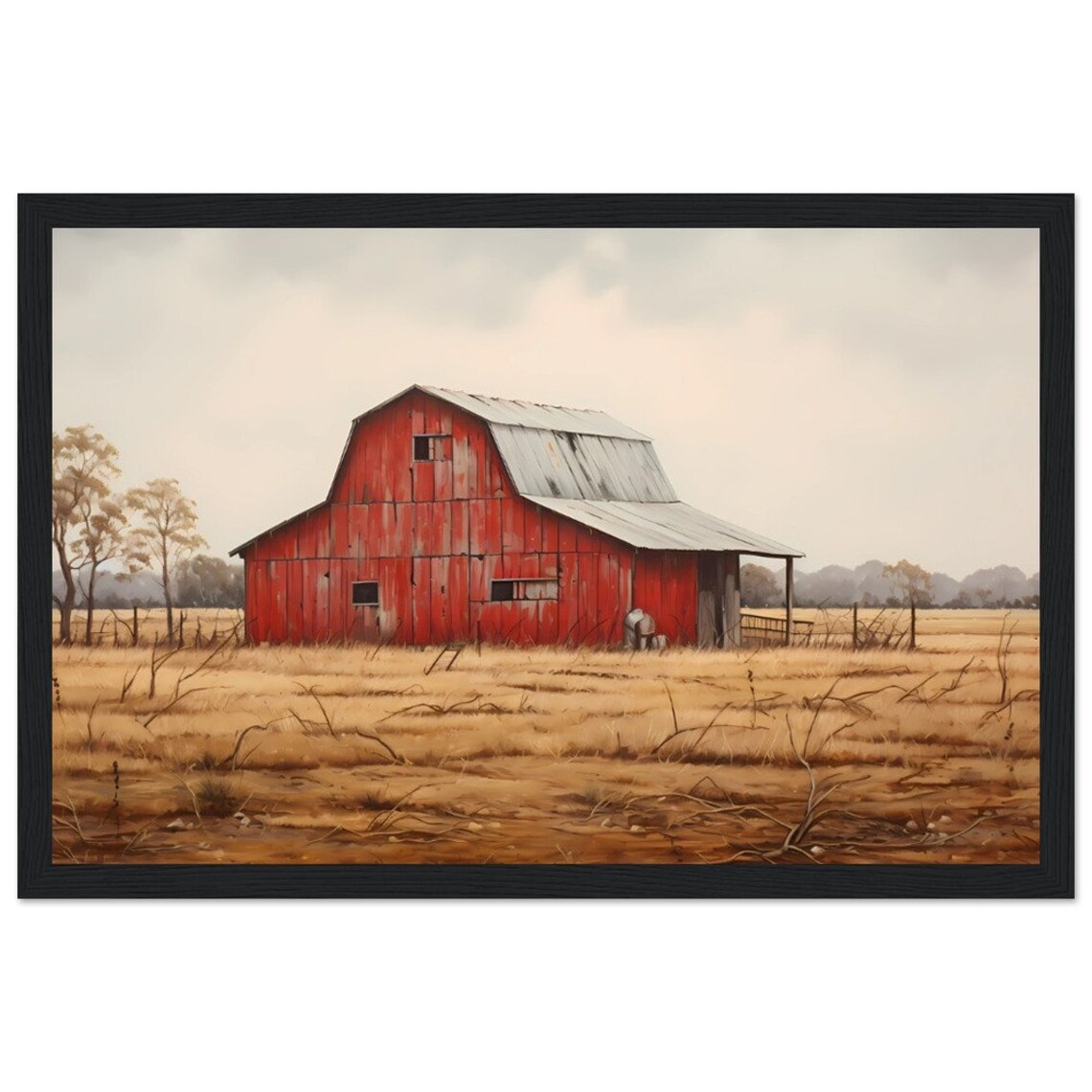 Red Barn Painting in a Golden Autumn Field at Harvest Poster - Image 3
