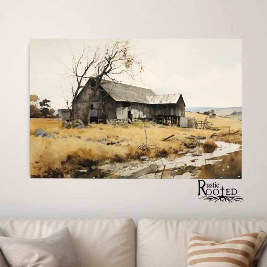 Weathered Barn Watercolor Painting in Golden Autumn Field Poster - Image 4