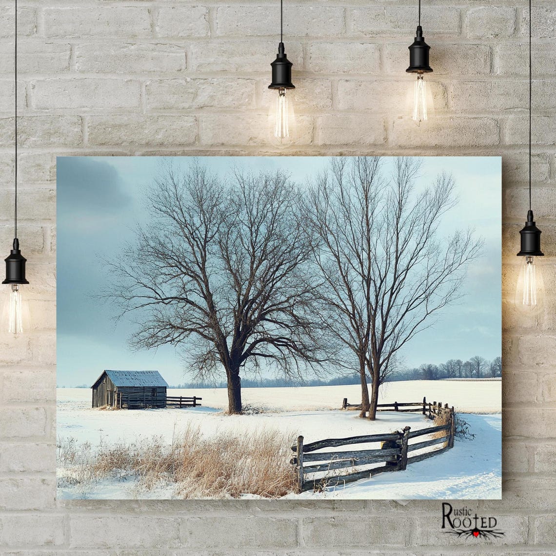 Snowy Winter Landscape with Small Barn and Bare Trees Poster - Image 3