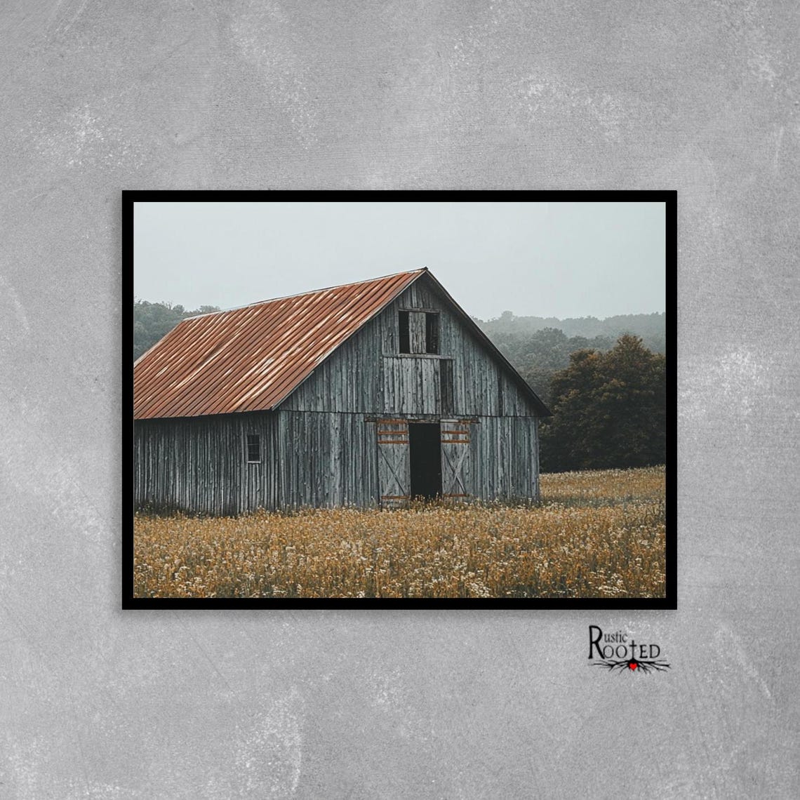 Gray Barn with Rusty Tin Roof Standing in a Golden Field Poster