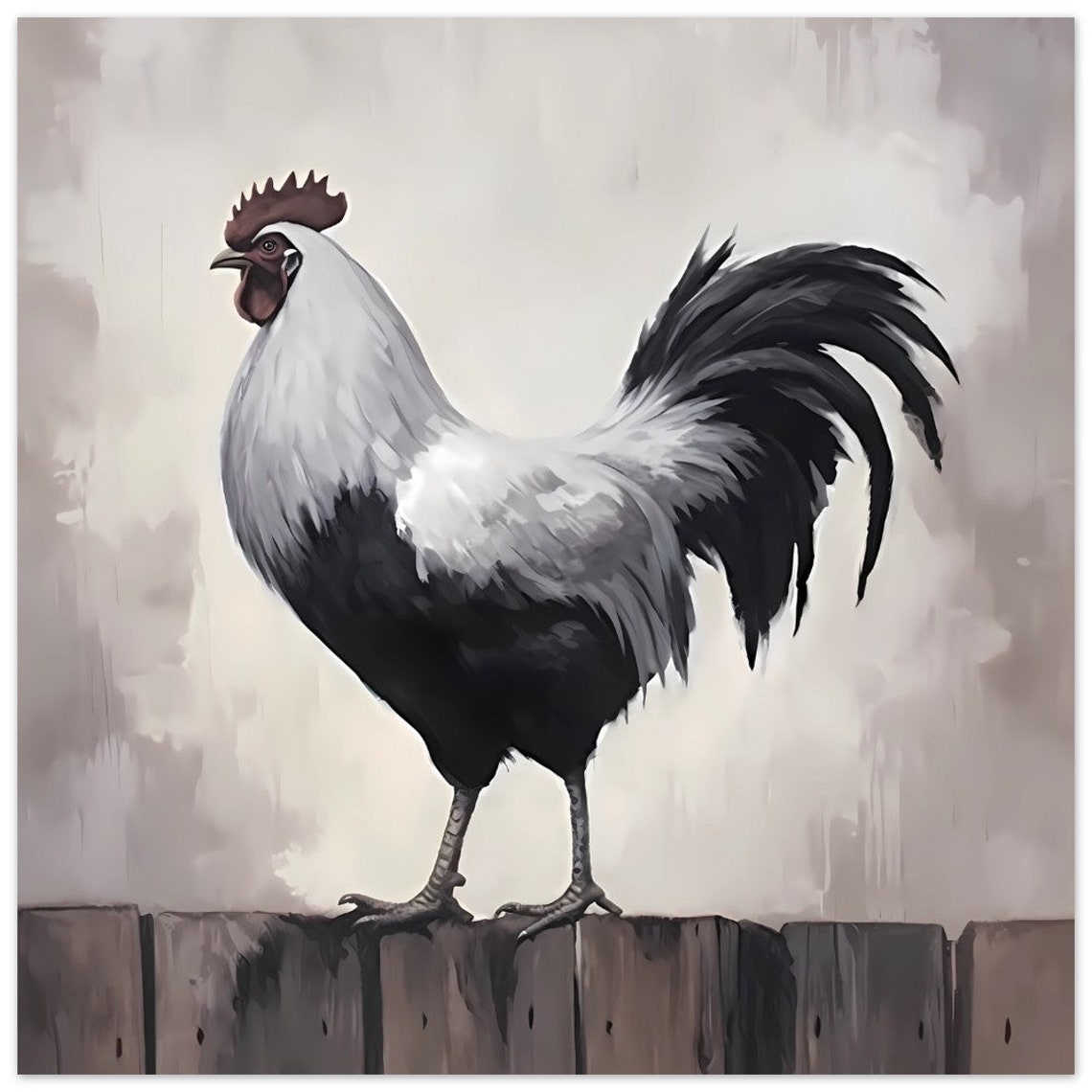 White and Black Rooster Standing on a Rustic Wooden Fence Poster - Image 3