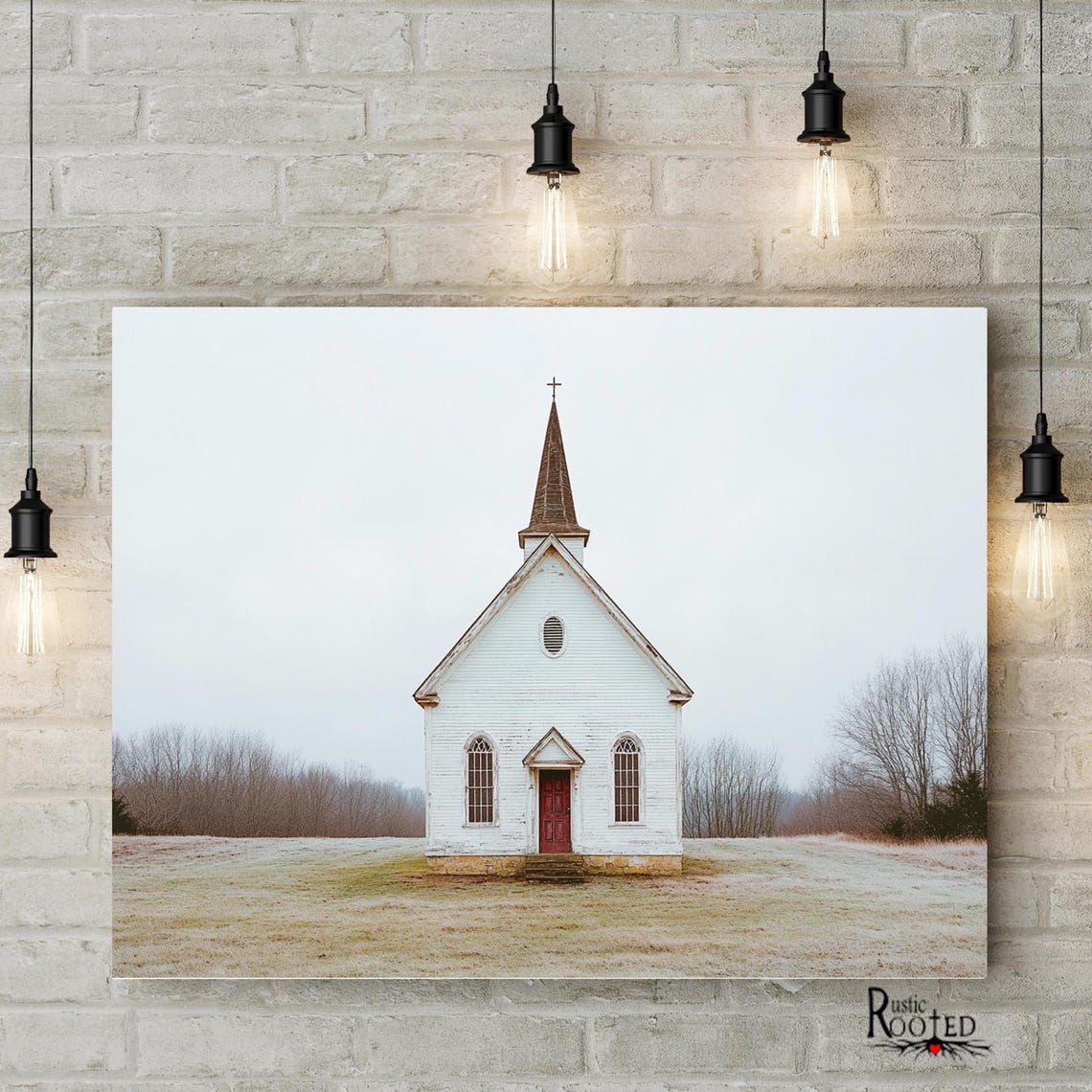 White Country Church with Red Door in a Snowy Field Scene Poster - Image 3
