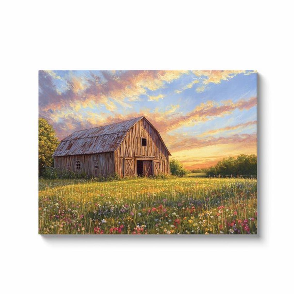 Weathered Barn at Sunset in a Wildflower Field Landscape Poster