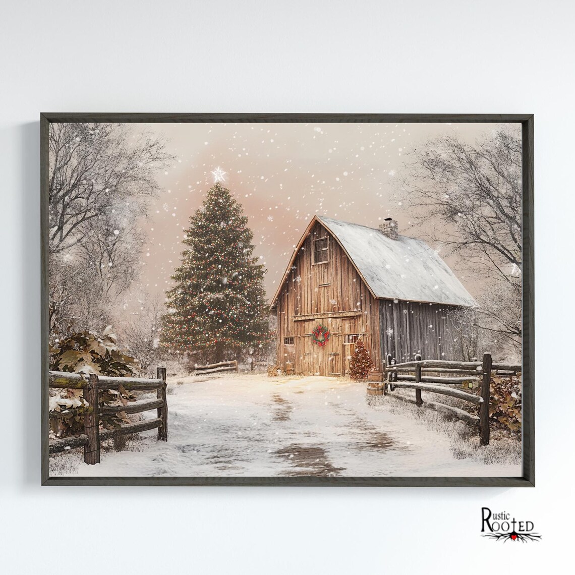 Rustic Barn Christmas Art Print, Modern Farmhouse