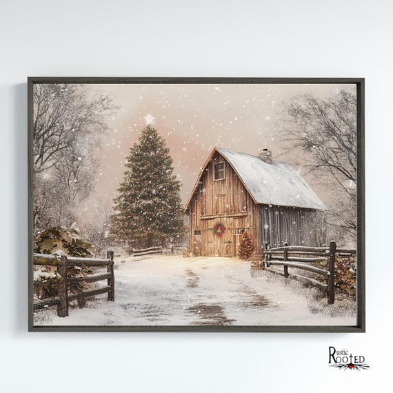 Rustic Barn Christmas Art Print, Modern Farmhouse