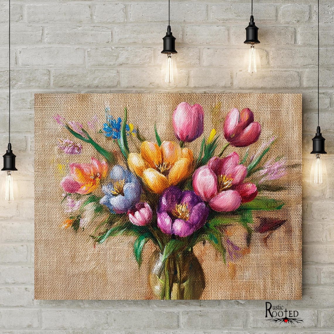 Colorful Spring Flower Bouquet on Burlap Canvas Floral Art Poster