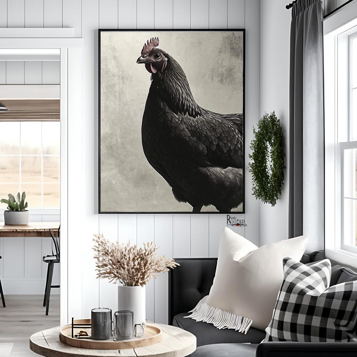 Black Chicken Portrait Painting in Moody Neutral Tones Poster - Image 2