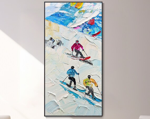 3d Framed Ski Landscape Painting Modern Skiing Party Art Original Creamy Texture Wall Art Abstract Snow Mountain Skiing Personalized