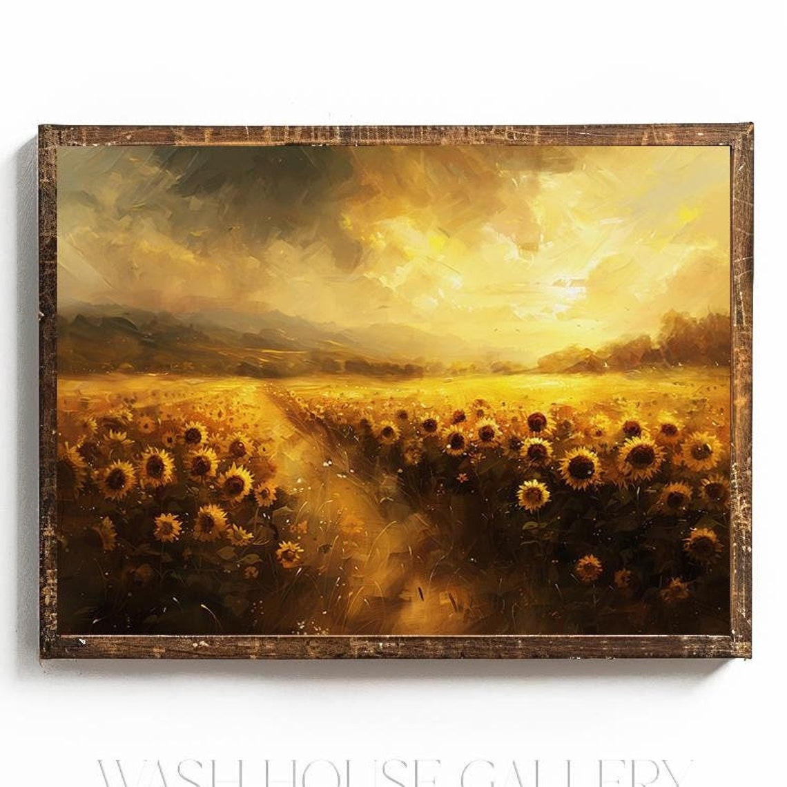 Golden Sunset Path Through a Vast Sunflower Field Landscape Poster