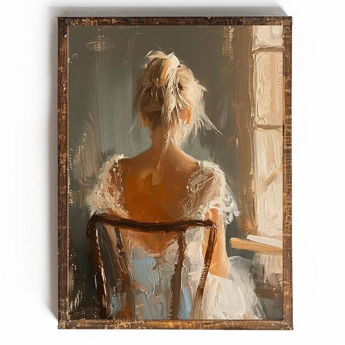 Bride In White Gown Seated By A Sunlit Window Bridal Portrait Poster