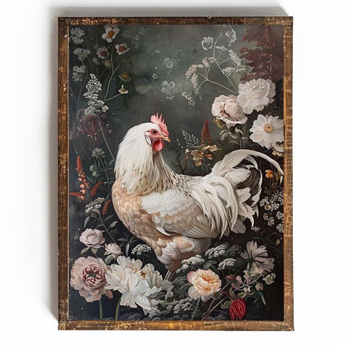 White Rooster with Blush Flowers Dark Botanical Farmhouse Poster