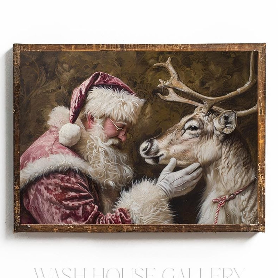 Santa Claus Wall Art Santa And Reindeer Painting Print Vintage Christmas Pink Christmas Wall Decor Reindeer Print Pink Holiday Art - Image 2