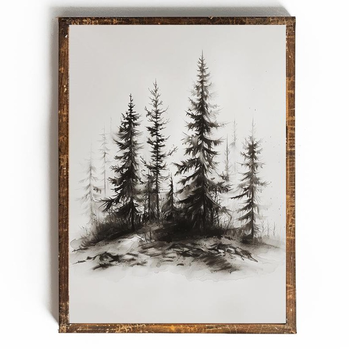 Tall Pines in Fog Monochrome Watercolor Forest Artwork Poster