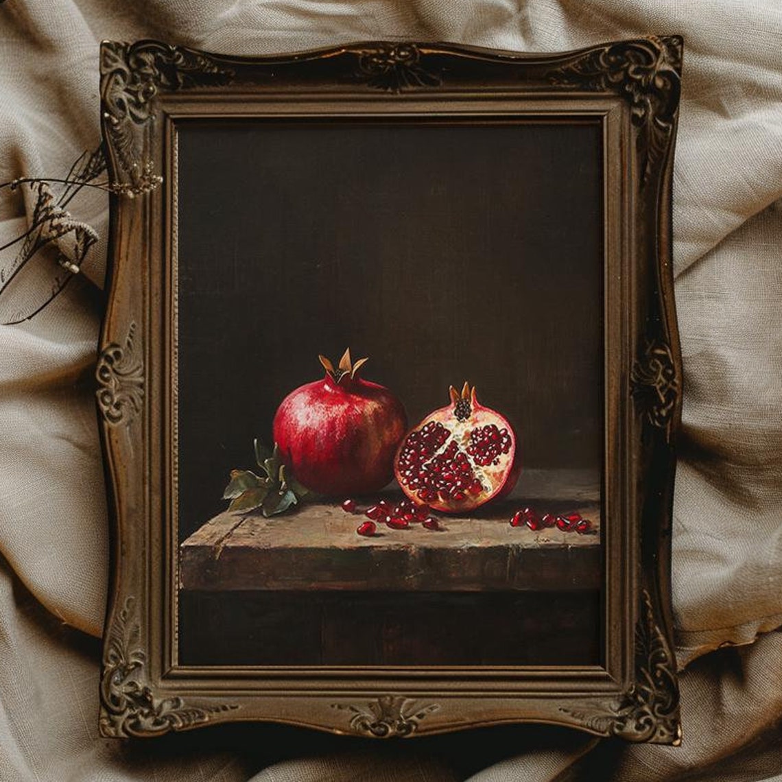 Cut Pomegranate On Rustic Table Dark Kitchen Still Life Poster