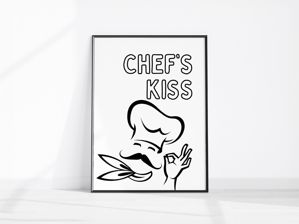 Chef's Kiss Funny Chef Line Art Black and White Kitchen Poster