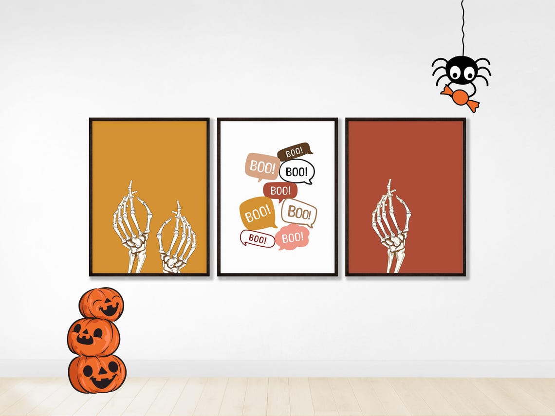 Boho Halloween Wall Art Print Set Vintage Skeleton Hands Decor Boo Party Dorm Room Posters