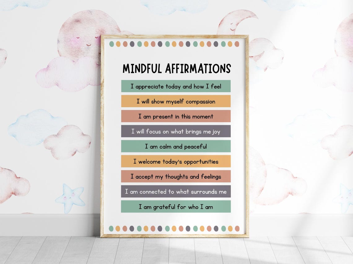 Mindful Affirmations Daily Positivity Statements Kids Room Print