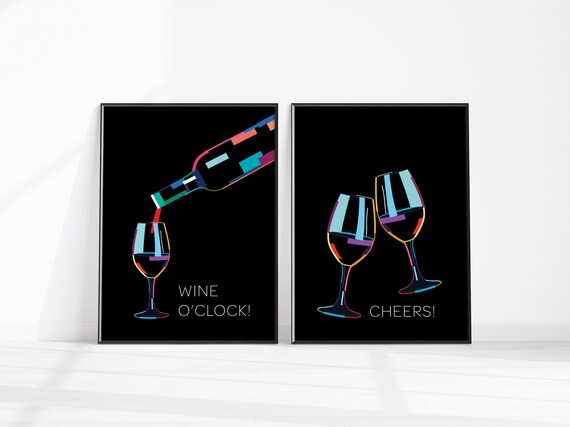 Wine OClock Cheers Poster Set Neon Wine Glass Black Kitchen Art Duo