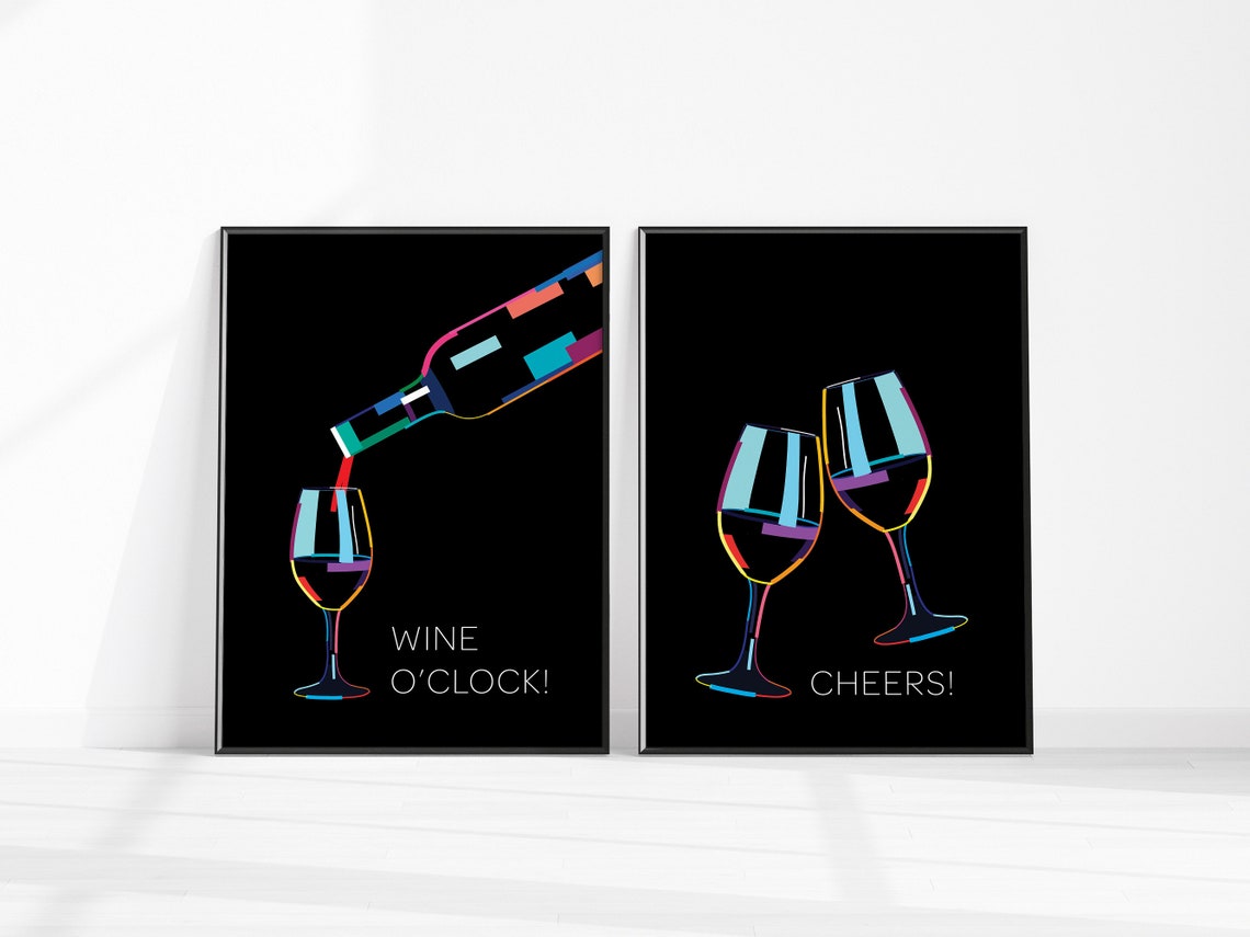 Wine OClock Cheers Poster Set Neon Wine Glass Black Kitchen Art Duo