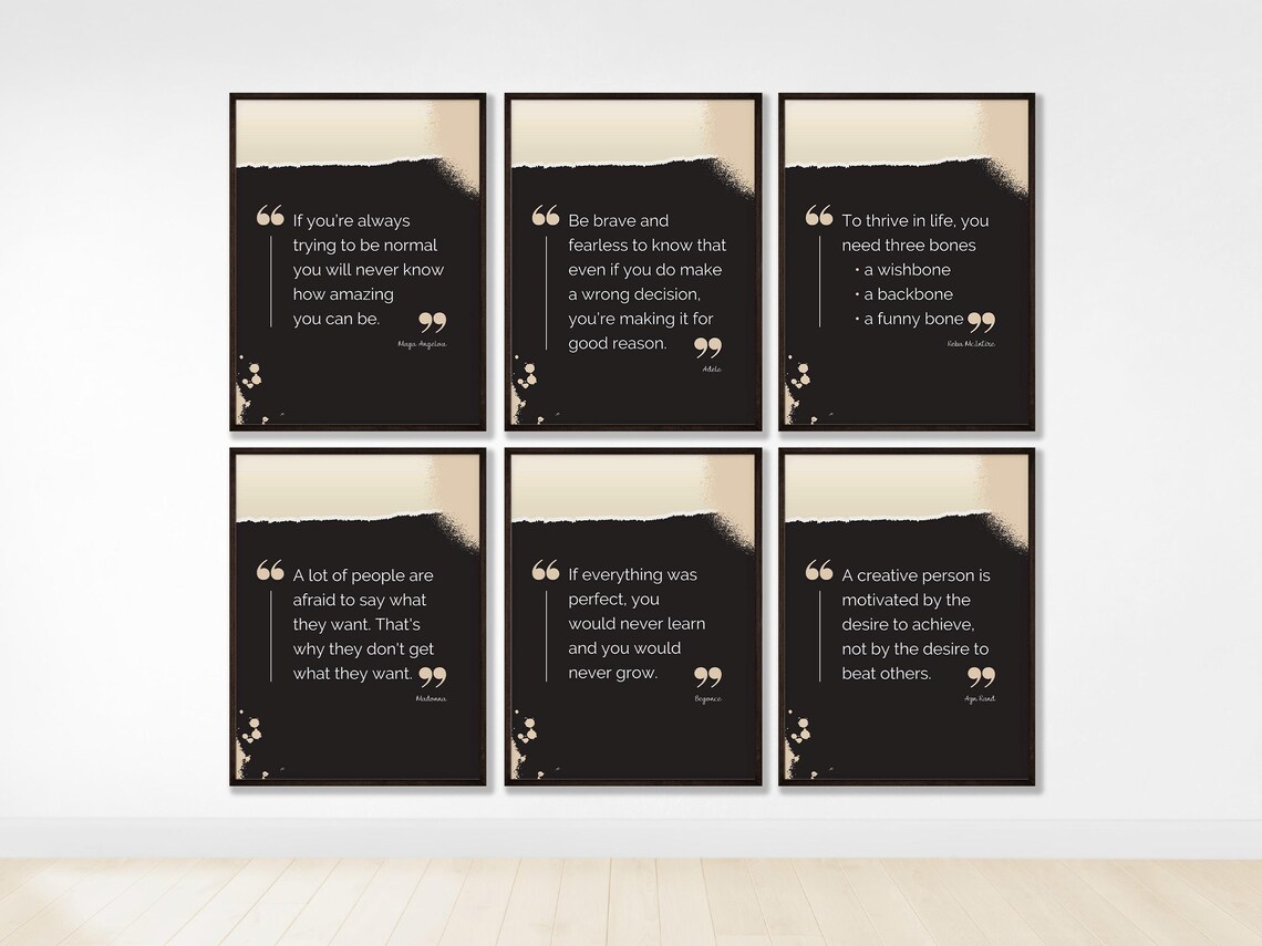 Set Of 6 Black Gold Motivational Quote Typography Gallery Wall Art